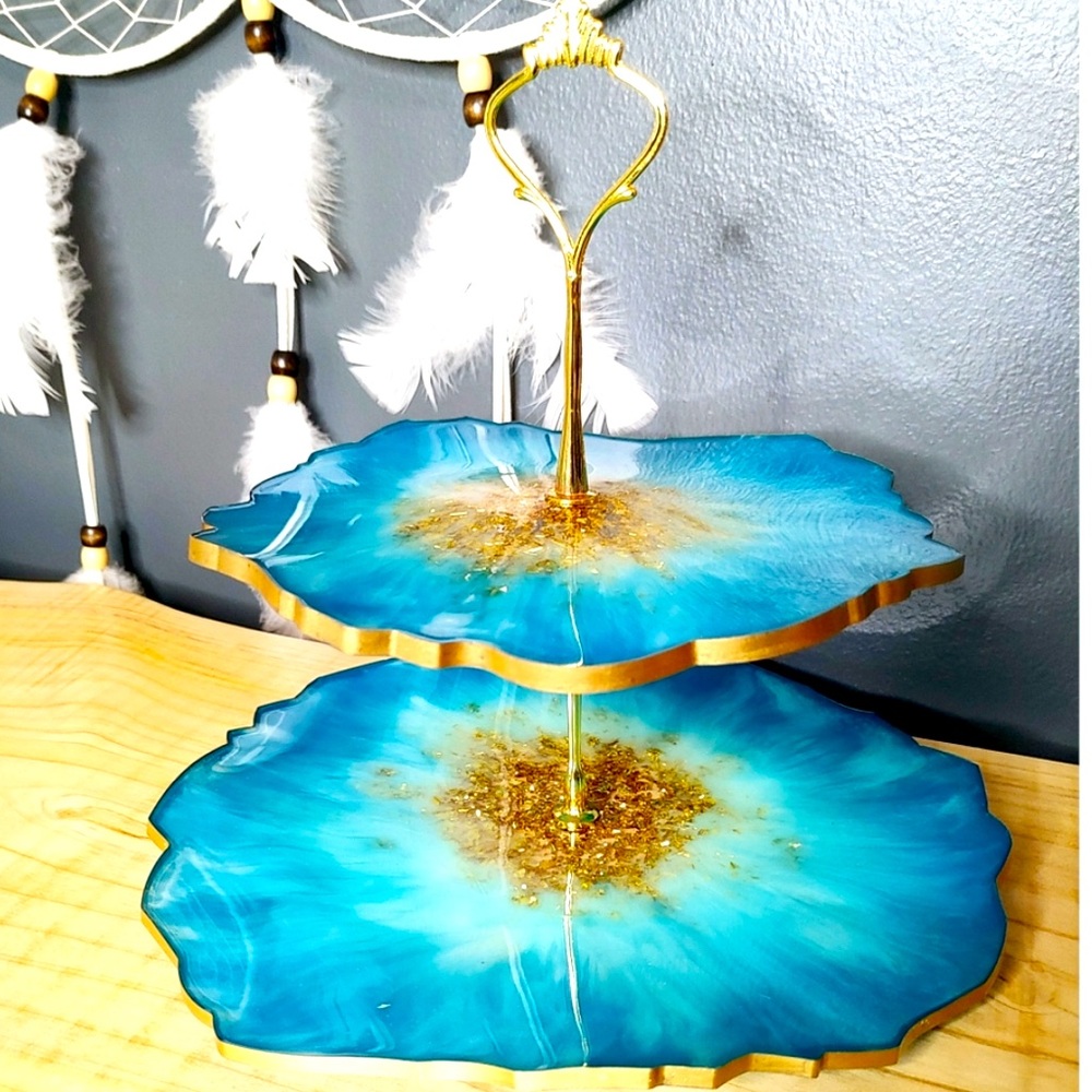 Handmade Resin 2 Layer Cake Snack Stand & Coasters Geode Agate Gold Leaf…